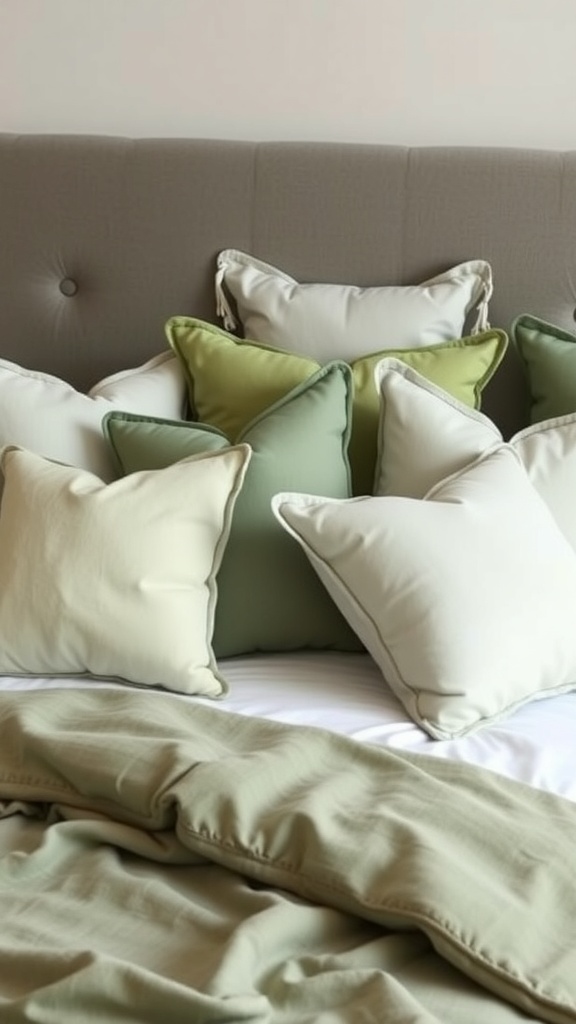 A collection of sage green and cream decorative pillows arranged on a bed