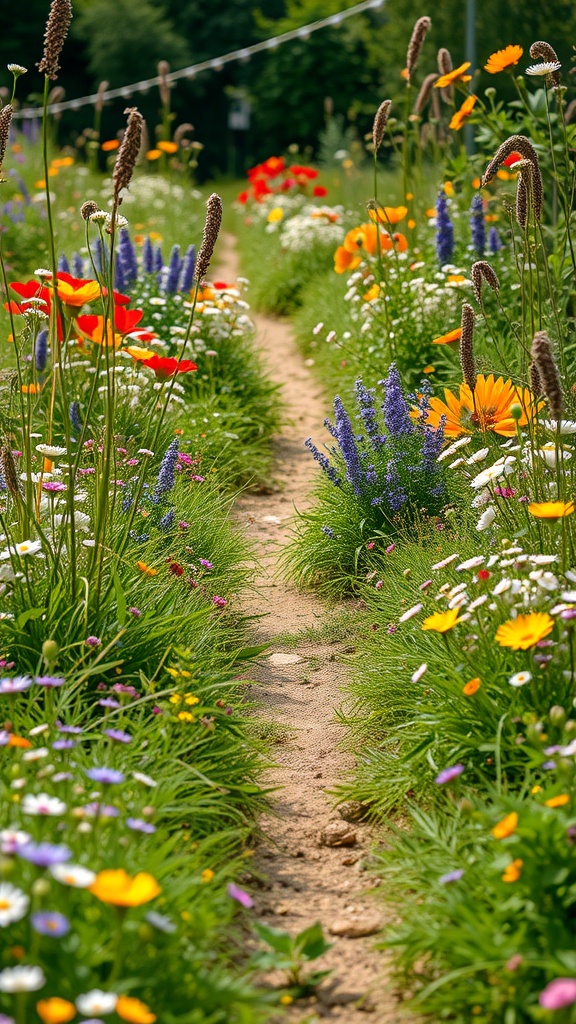 A sandy pathway surrounded by vibrant wildflowers in a garden.
