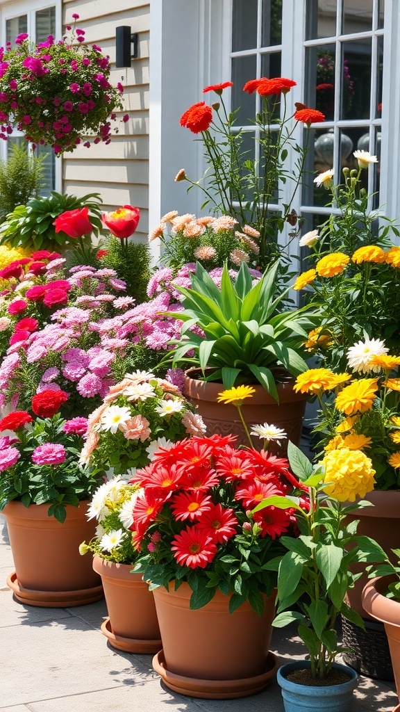 A colorful display of flowers in various pots, showcasing a cheerful container garden.