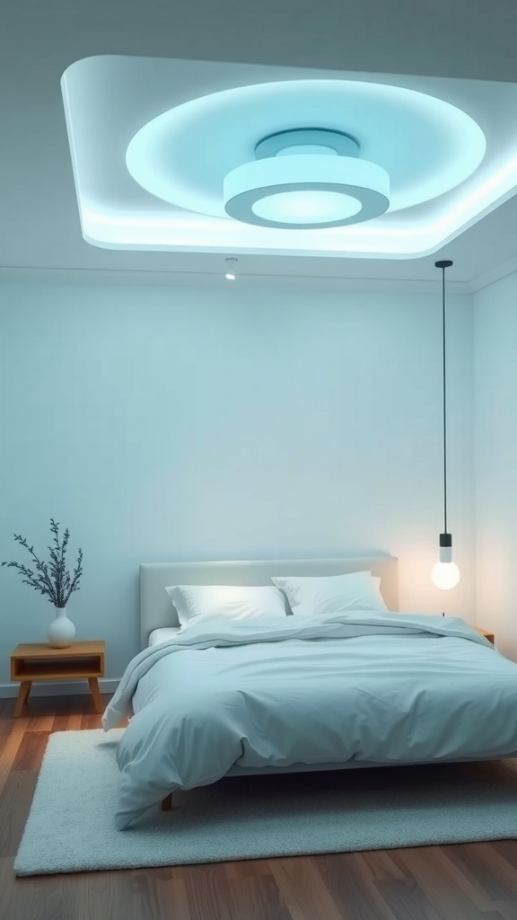 A cozy minimalist bedroom featuring soft blue lighting fixtures