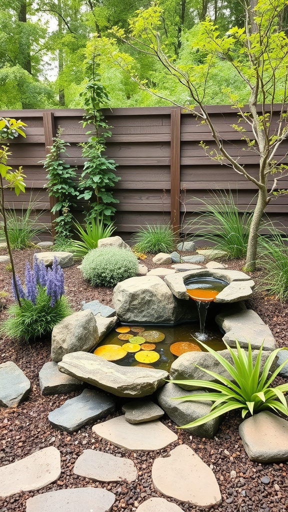 A serene rain garden featuring a small pond with rocks and lush greenery.