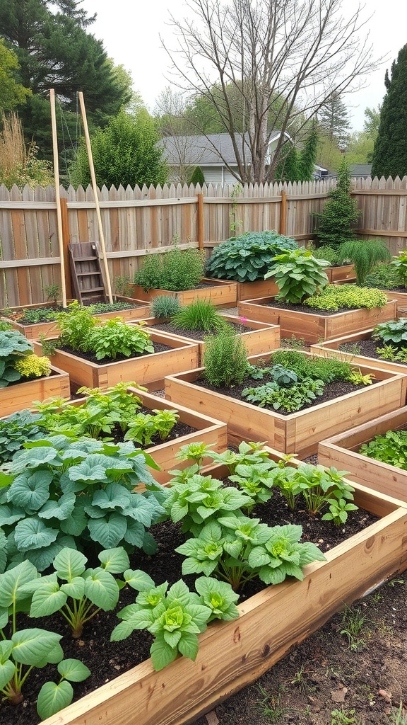 A vibrant garden featuring raised wooden beds filled with various plants.