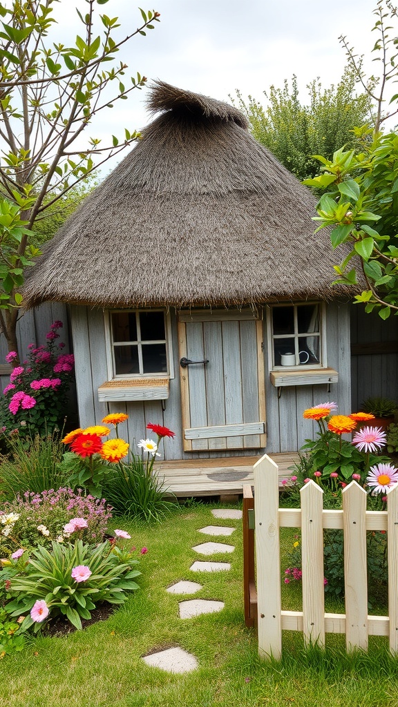 A quaint cottage with a thatched roof surrounded by colorful flowers and a stone path.