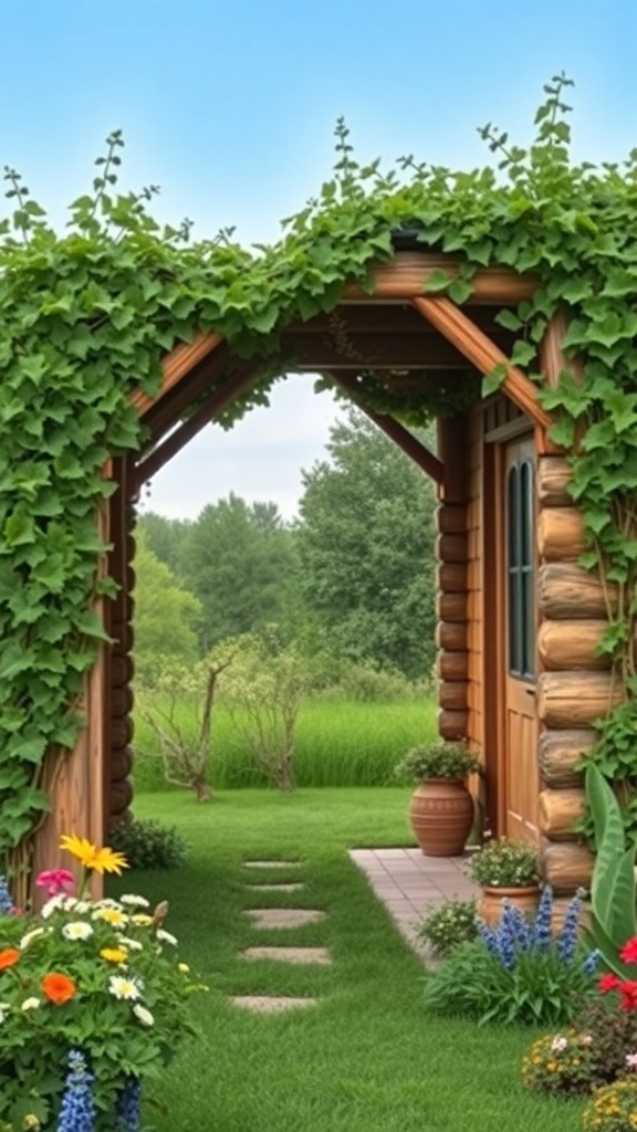 A rustic log cabin arbor covered in greenery, leading to a grassy area with flower pots.