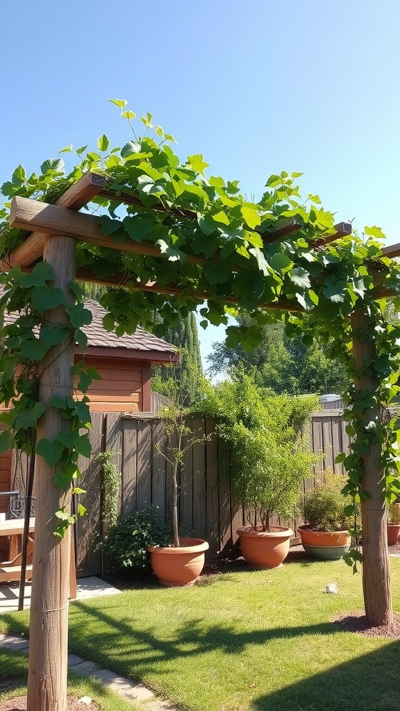 A rustic wooden arbor covered with green climbing vines in a backyard setting.