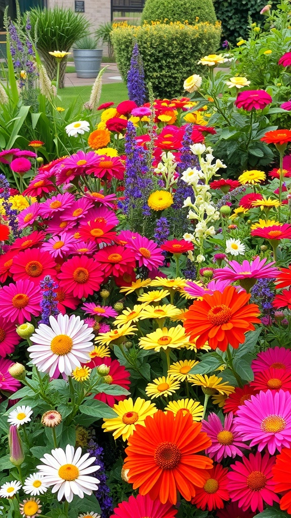 Colorful seasonal flower display with daisies, gerberas, and snapdragons in various bright colors.