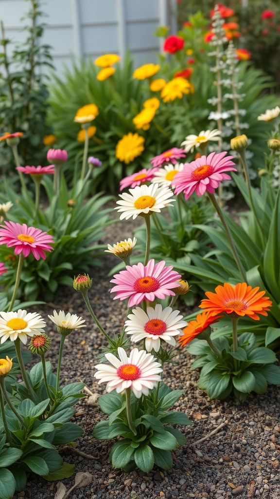A vibrant display of seasonal flowers including daisies and marigolds in a garden setting.
