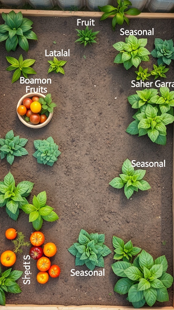 A layout of a seasonal harvest garden with various plants and fruits labeled.