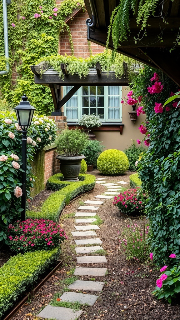 A winding pathway through a lush garden filled with flowers and greenery.