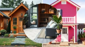 Modern tiny 2-story shed house with stylish wood exterior and compact, functional design