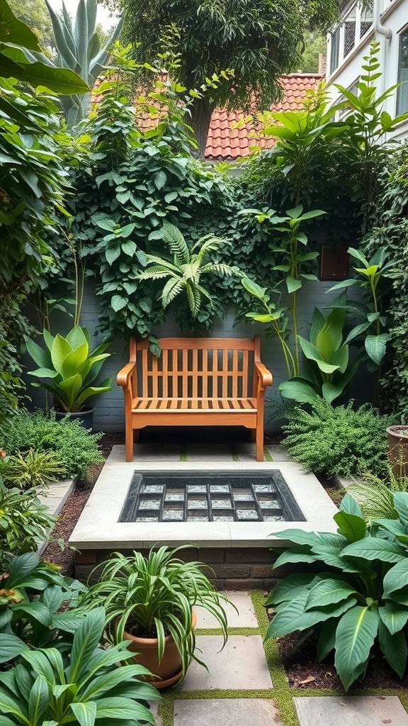 A sunken seating area with a wooden bench surrounded by lush greenery and plants.