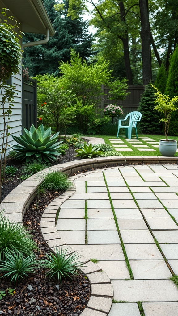 A sustainable hardscaping design featuring a patio with pavers and grass gaps, surrounded by various plants and a chair.