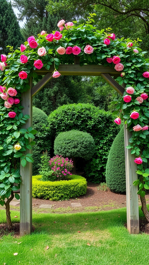Traditional garden arbor adorned with pink and white roses.