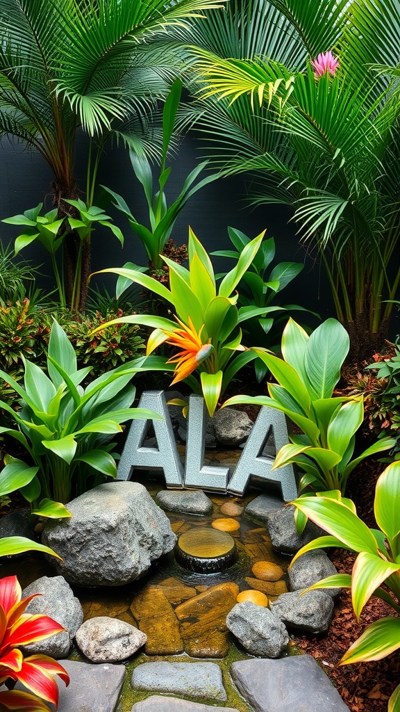 A tropical garden with lush plants and a small water feature.