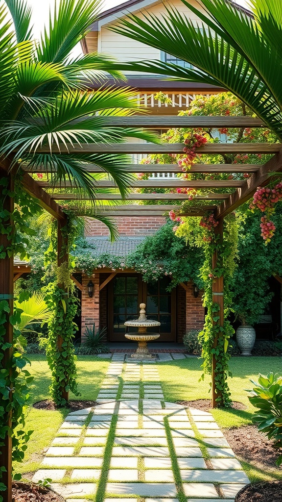 A tropical style arbor with lush greenery and colorful flowers leading to a home.