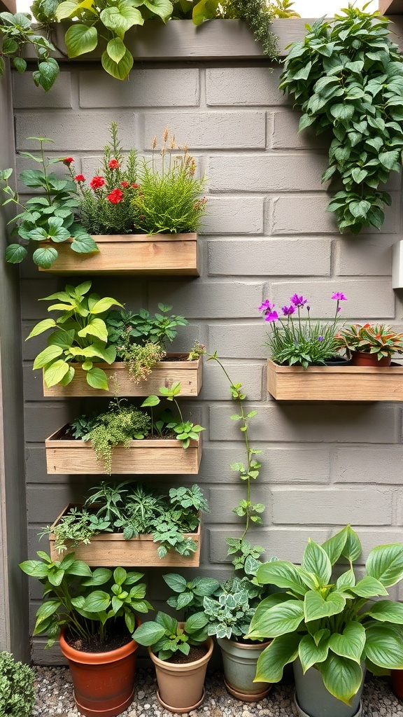 Vertical garden with various plants in wooden planters against a gray wall.