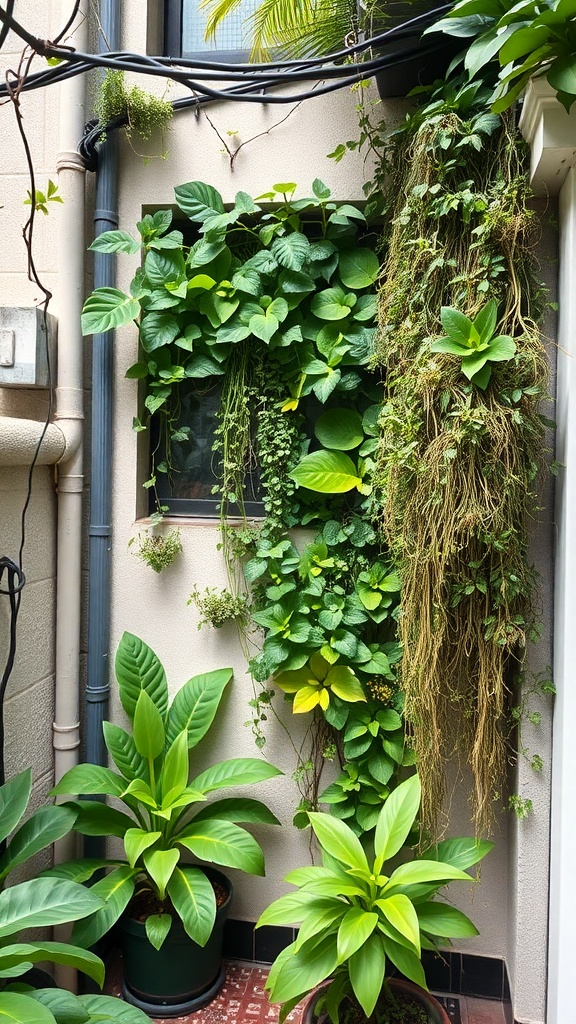 A vertical garden with various green plants growing on a wall, showcasing a mix of textures and colors.