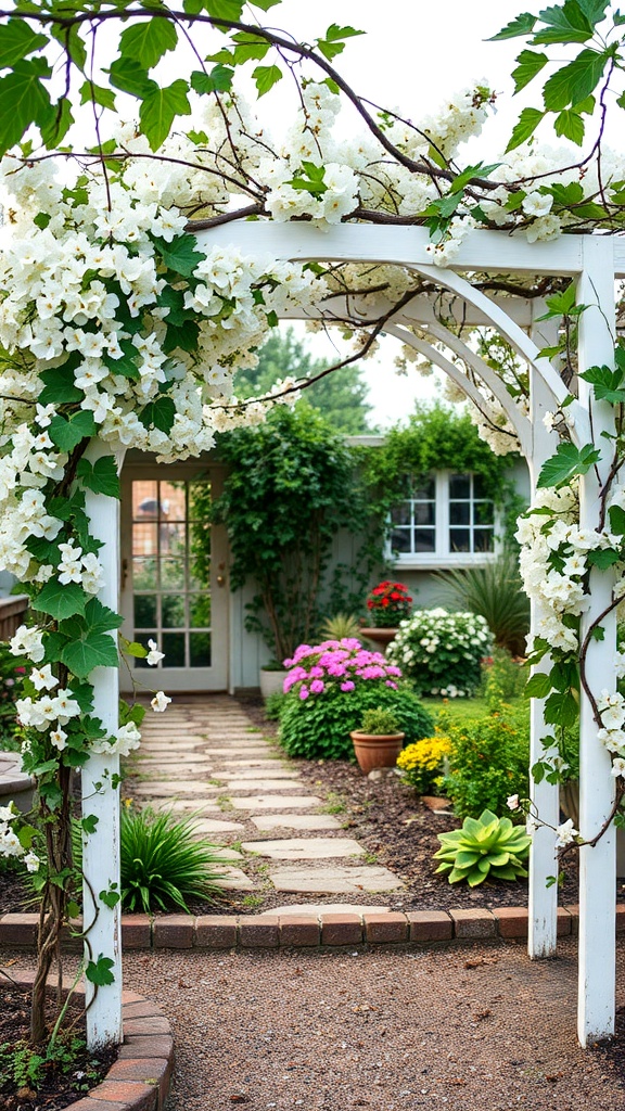A vintage white trellis arbor adorned with white flowers, leading to a colorful garden.