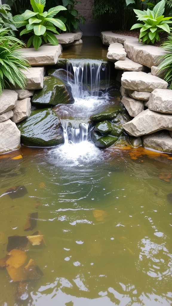 A serene water feature with a waterfall and pond surrounded by greenery.
