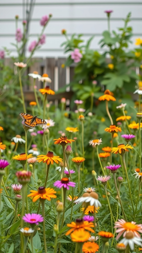 A vibrant wildflower meadow with colorful flowers and a butterfly.