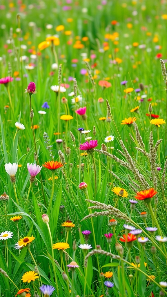 A vibrant wildflower meadow filled with various colorful flowers and green grass.