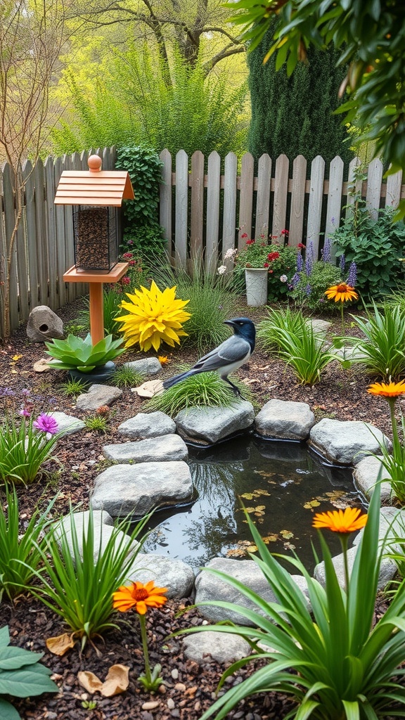 A small garden with a pond, bird feeder, and colorful flowers, creating a wildlife-friendly habitat.