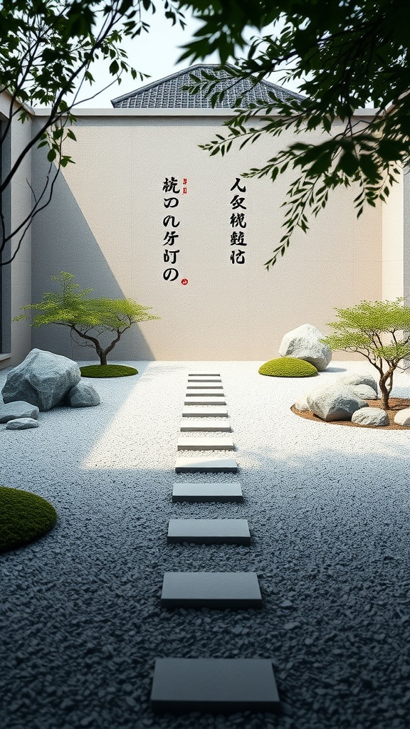 A serene Zen garden featuring stepping stones, smooth stones, and lush greenery.
