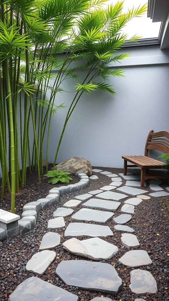 A serene garden path with stones, bamboo, and a wooden bench.