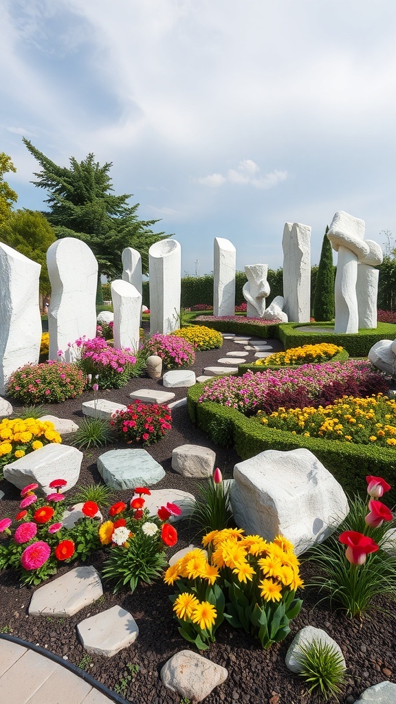 A beautiful garden featuring white stone sculptures surrounded by colorful flowers and greenery.