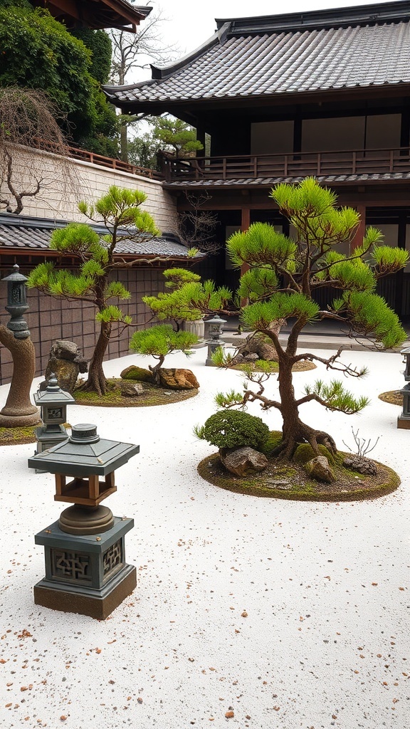 A serene Japanese garden featuring white sand, stone lanterns, and bonsai trees.