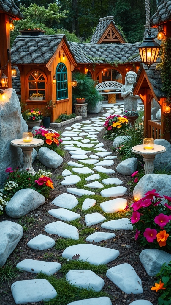 A fantasy garden with white rock pathways, colorful flowers, and cozy wooden cottages.