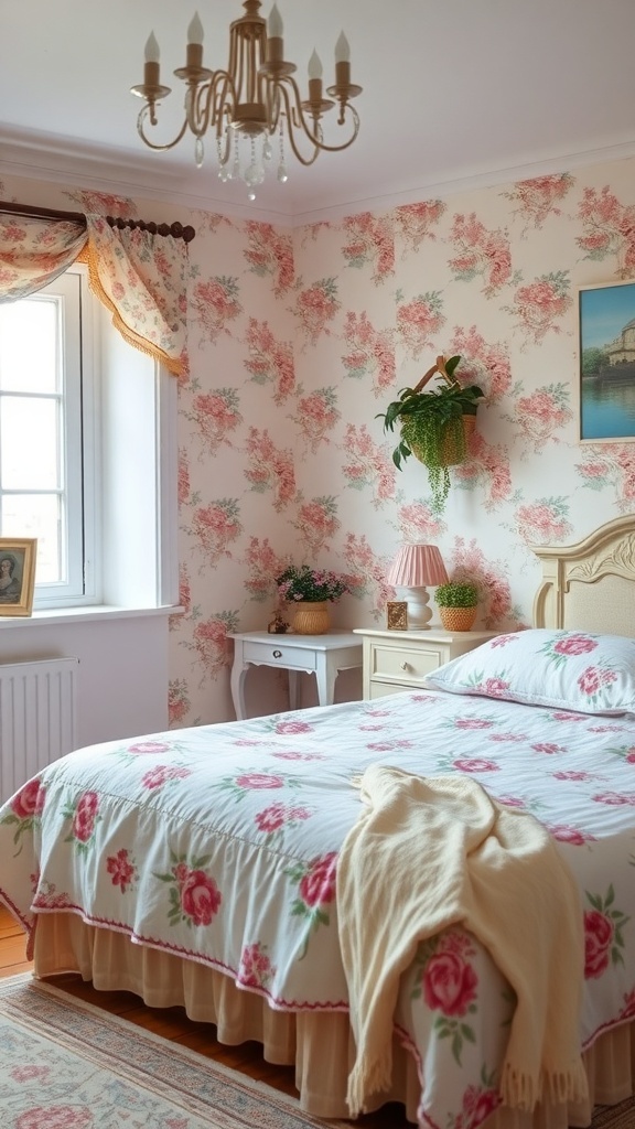 Cozy cottage bedroom with floral wallpaper, a floral quilt on the bed, and a chandelier.