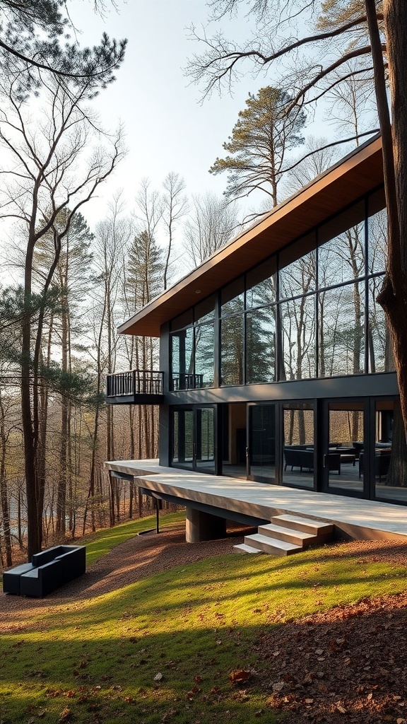 A modern house in the woods with large windows and a spacious deck surrounded by trees.