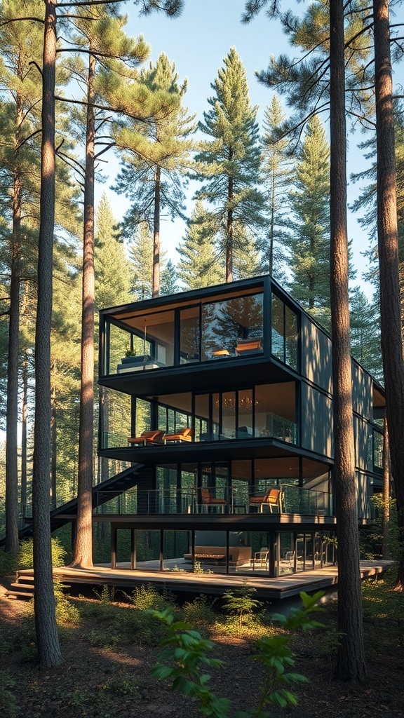 A modern glass house surrounded by tall trees and snow, showcasing a sleek design that blends with nature.