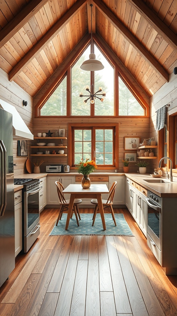 A cozy kitchen in an A-Frame house with wooden accents and large windows.