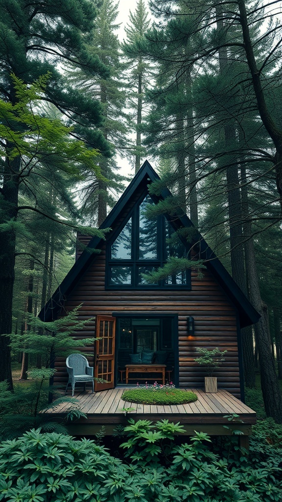 A cozy A-Frame house surrounded by tall trees and lush greenery.