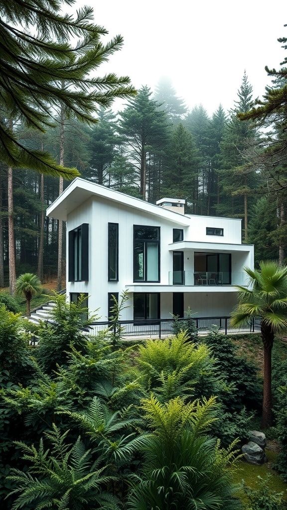 A modern house in the woods with a sleek design and large windows surrounded by lush greenery.