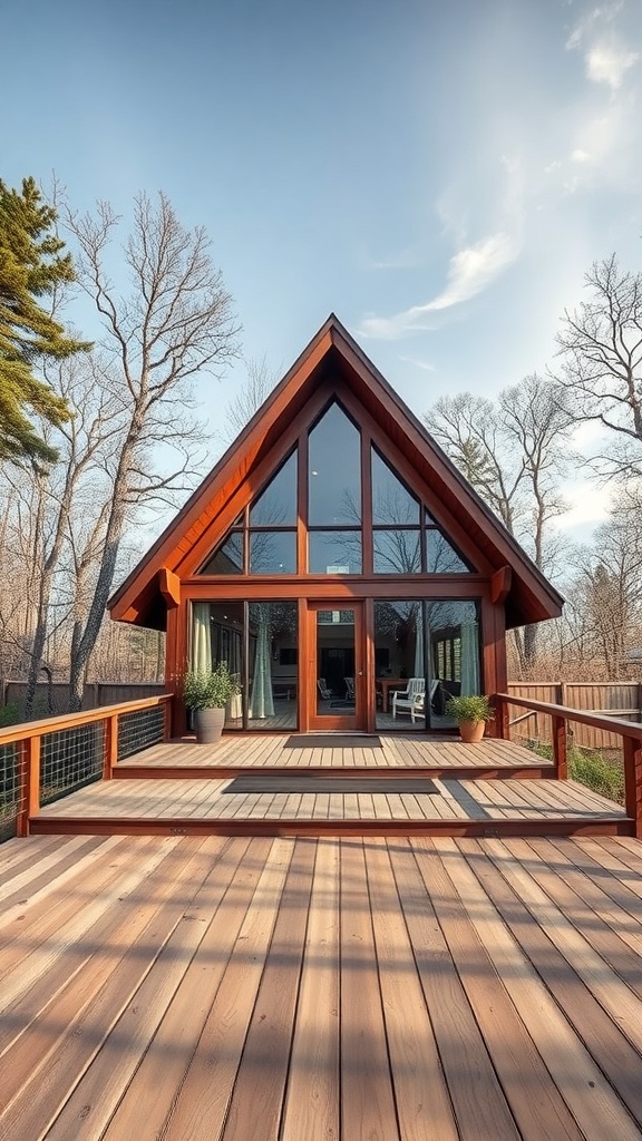 A beautiful A-Frame house surrounded by trees, showcasing a wooden deck and large windows.