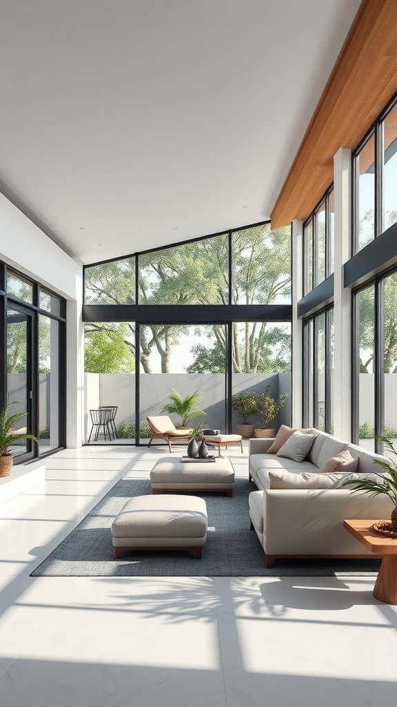 A modern open-concept living space with large windows, natural light, and minimalist furniture.