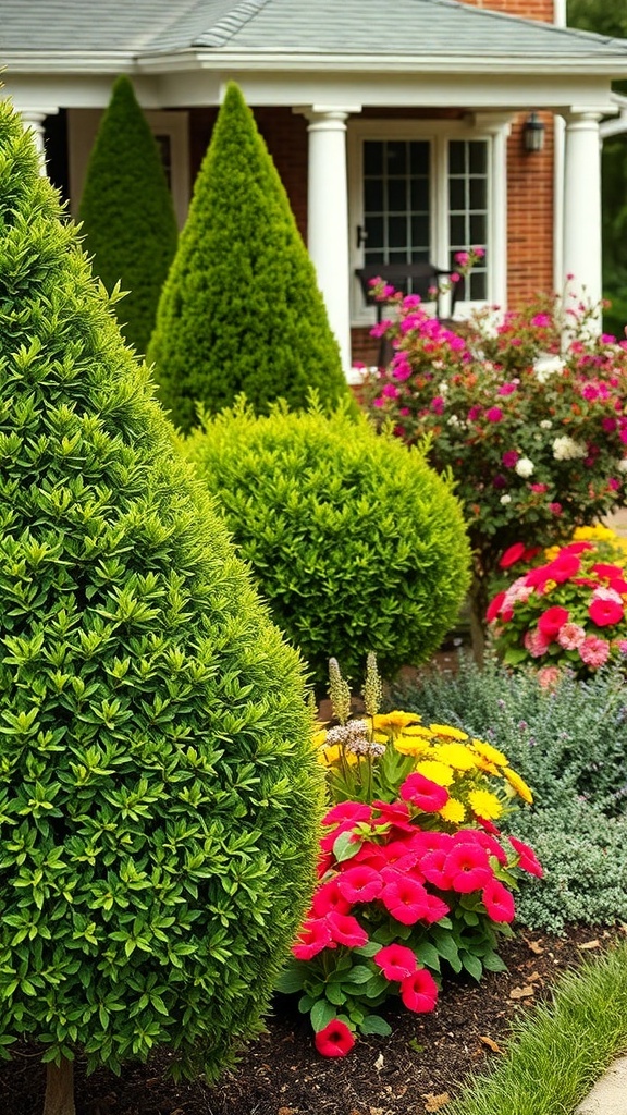 A front yard with manicured boxwoods and colorful flowers in bloom.