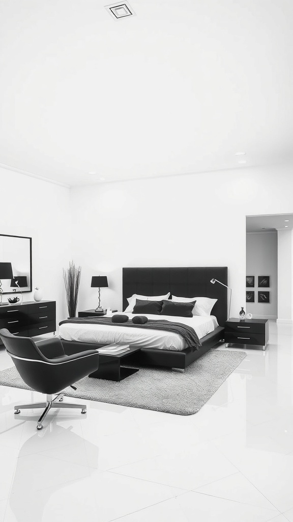 A modern monochrome bedroom featuring black furniture, a white bed, and a sleek design.