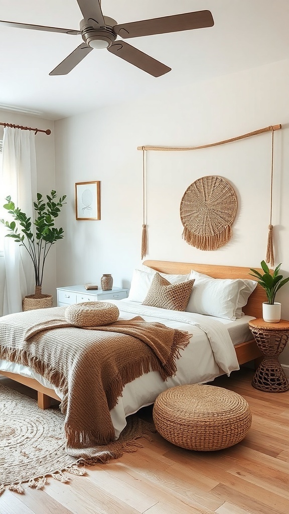 A minimalist boho coastal bedroom featuring wooden furniture, woven baskets, plants, and soft lighting.