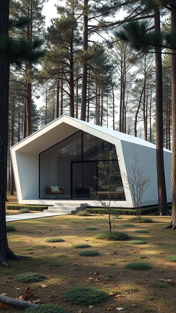 A modern modular house in the woods with a sleek design and large glass windows.