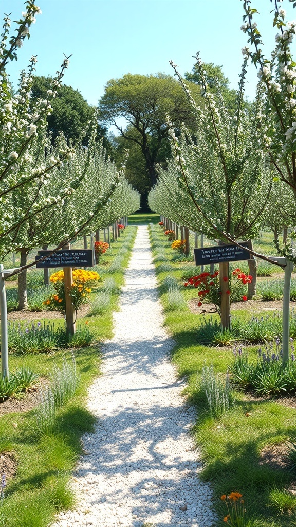 A beautiful orchard garden featuring a path of white gravel lined with flowering trees and colorful flowers.