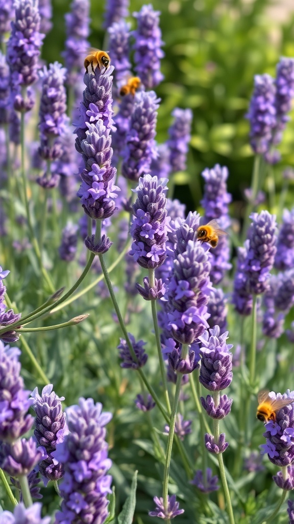 Lavender flowers in a field with bees buzzing around