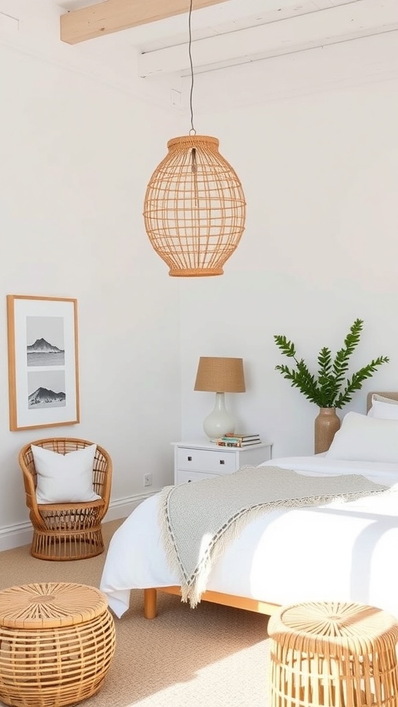 A minimalist boho coastal bedroom featuring rattan furniture accents, including a pendant light, chairs, and tables.