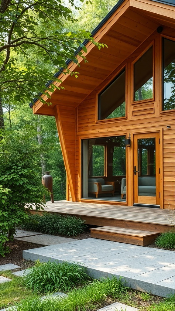 Modern house with wooden exterior and large windows surrounded by greenery