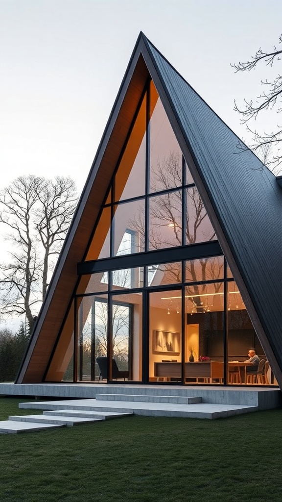 A modern A-Frame house with large windows and minimalist design.