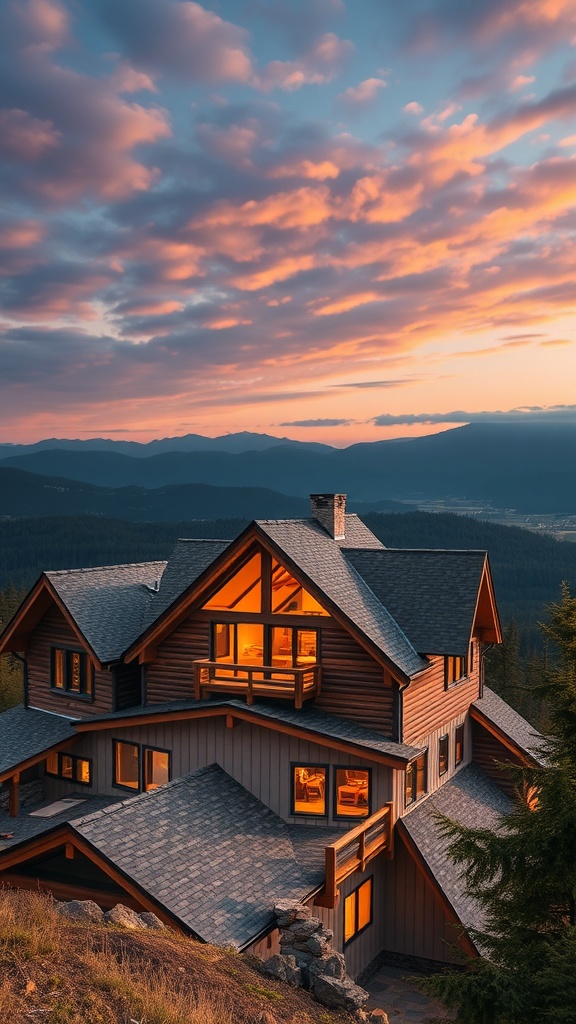 A stunning elevated A-Frame house overlooking a mountainous landscape.