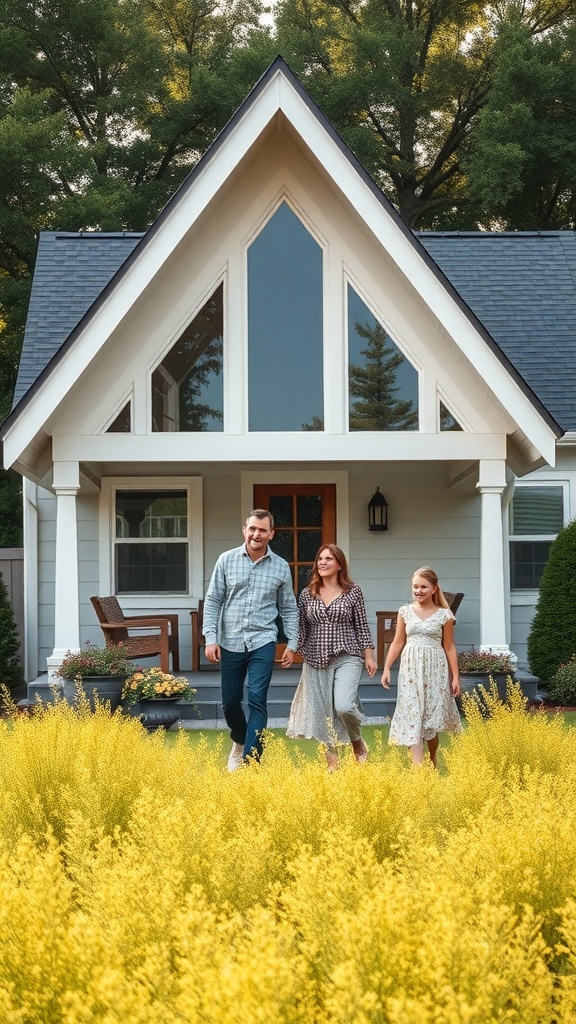 A family walking together in front of a cozy A-Frame house surrounded by yellow flowers.